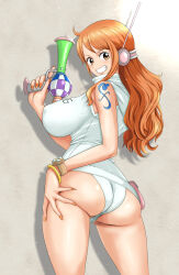 Rule 34 | 1girl, adapted costume, alternate costume, ass, ass grab, bare legs, bare shoulders, breasts, cameltoe, curvy, egghead island, grabbing own ass, grin, gun, holding, holding gun, holding weapon, hooded leotard, huge ass, large breasts, leotard, long hair, looking at viewer, looking back, minpei ichigo, nami (one piece), nami (one piece) (egghead), official alternate costume, one piece, orange eyes, orange hair, revealing clothes, simple background, smile, solo, very long hair, weapon, white leotard, wide hips