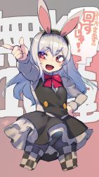 Rule 34 | 1girl, :d, animal ears, black legwear, black panties, breasts, checkered clothes, checkered legwear, dress, grey hair, hairband, hand on own hip, highres, long hair, namaniku atk, open mouth, panties, pointing, rabbit ears, red eyes, small breasts, smile, solo, thick eyebrows, tokyo necro, underwear