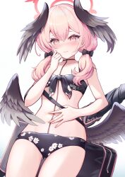 Rule 34 | 1girl, bikini, black bag, black bikini, black bow, black wings, blue archive, blush, bow, breasts, closed mouth, collarbone, commentary, cowboy shot, double-parted bangs, feathered wings, floral print, front-tie bikini top, front-tie top, gun, hair between eyes, hair bow, hair over shoulder, halo, hand up, head wings, highres, koharu (blue archive), koharu (swimsuit) (blue archive), long hair, looking at viewer, low twintails, low wings, navel, nose blush, official alternate costume, pink eyes, pink hair, pink halo, print bikini, sakura ani, simple background, small breasts, solo, spaghetti strap, swimsuit, twintails, weapon, white background, wings