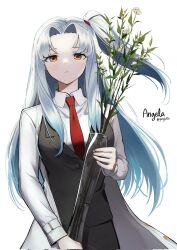 Rule 34 | 1girl, angela (project moon), black skirt, black vest, blue hair, bouquet, closed mouth, coat, collared shirt, expressionless, flower, highres, holding vase, lab coat, lobotomy corporation, long hair, looking at viewer, necktie, one side up, parted lips, pencil skirt, ppanglatte, project moon, red necktie, shirt, sidelocks, skirt, solo, upper body, very long hair, vest, white coat, white flower, yellow eyes