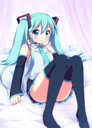 Rule 34 | 1girl, aqua eyes, aqua hair, bare shoulders, bed, bed sheet, black thighhighs, blue eyes, blue hair, blush, detached sleeves, hatsune miku, headphones, highres, long hair, looking at viewer, lying, matching hair/eyes, necktie, on back, open mouth, pillow, skirt, solo, thighhighs, twintails, usashiro mani, vocaloid, zettai ryouiki