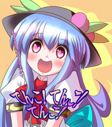 Rule 34 | 1girl, :d, ascot, blue hair, female focus, food, fruit, hat, heart, heart-shaped pupils, highres, hinanawi tenshi, long hair, open mouth, peach, ramutaizumu, red eyes, smile, solo, symbol-shaped pupils, touhou