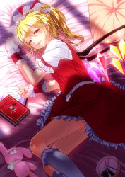 Rule 34 | 1girl, asymmetrical hair, blonde hair, book, broken, broken glass, crystal, fangs, flandre scarlet, frills, glass, hat, hat ribbon, kneehighs, looking at viewer, lying, mob cap, on bed, on side, open book, open mouth, outon, puffy sleeves, red eyes, ribbon, shade, shirt, short sleeves, side ponytail, skirt, skirt set, smile, socks, solo, stuffed animal, stuffed rabbit, stuffed toy, touhou, vest, white socks, wings, wrist cuffs