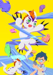 Rule 34 | 1boy, absurdres, cellphone, claws, crests (digimon), digimon, digimon (creature), digimon adventure, fish, glasses, gomamon, highres, kido jo, phone