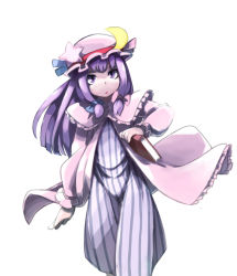 Rule 34 | 1girl, blue bow, blue ribbon, book, bow, d@i, dress, hat, hat ornament, holding, holding book, long sleeves, mob cap, moon (ornament), patchouli knowledge, pink bow, pink ribbon, purple dress, purple eyes, purple hair, purple hat, ribbon, simple background, solo, star ornament, striped clothes, striped dress, touhou, white background