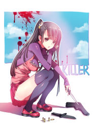 Rule 34 | 1girl, aneunyeoja, black thighhighs, blood, blood splatter, blue sky, blunt bangs, breasts, bullet, cartridge, cat hair ornament, cloud, cloudy sky, day, english text, frills, from side, gun, hair ornament, hair ribbon, hand on own cheek, hand on own face, handgun, head rest, holding, holding knife, holding weapon, kneeling, knees up, knife, long hair, long sleeves, looking at viewer, mary janes, medium breasts, miniskirt, original, outdoors, panties, pantyshot, parted lips, pink lips, pistol, pleated skirt, purple lips, purple shirt, red footwear, red ribbon, red skirt, ribbed shirt, ribbon, ribbon-trimmed shirt, shirt, shoes, side ponytail, sitting, skirt, sky, sleeves past wrists, solo, squatting, teeth, thighhighs, turtleneck, undershirt, underwear, weapon, white panties, yellow ribbon