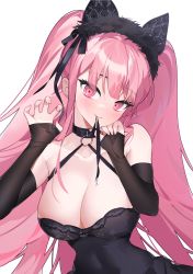 Rule 34 | 1girl, absurdres, animal ears, azur lane, bare shoulders, black choker, black dress, breasts, cat ears, choker, cleavage, detached sleeves, dress, fake animal ears, female focus, highres, la galissonniere (azur lane), la galissonniere (black cat of all hallows&#039; eve) (azur lane), large breasts, long hair, matching hair/eyes, mouth hold, o-ring, official alternate costume, paw pose, peropero (mememei i), pink eyes, pink hair, simple background, solo, upper body, very long hair, white background