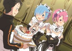 Rule 34 | 1boy, 2girls, :d, apron, black bow, black hair, black ribbon, black sleeves, blue eyes, blue hair, blunt bangs, blush, bow, breasts, cake, closed mouth, crossed arms, detached collar, detached sleeves, dutch angle, flower, food, fruit, hair flower, hair ornament, hair over one eye, head wreath, highres, holding, hotaru iori, indoors, jacket, long sleeves, looking at viewer, matching hair/eyes, multiple girls, natsuki subaru, neck ribbon, open mouth, pink hair, pink ribbon, purple ribbon, ram (re:zero), re:zero kara hajimeru isekai seikatsu, red eyes, rem (re:zero), ribbon, roswaal mansion maid uniform, second-party source, short hair, siblings, sisters, small breasts, smile, strawberry, track jacket, twins, waist apron, white apron, white bow, white flower, x hair ornament