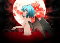 Rule 34 | 1girl, bat wings, blood, blue hair, female focus, from behind, full moon, moon, no headwear, no headwear, nude, partially submerged, pool of blood, red eyes, red moon, remilia scarlet, short hair, slit pupils, solo, touhou, upper body, wings, yutamaro