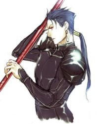 Rule 34 | 1boy, blue hair, bodysuit, cu chulainn (fate), cu chulainn (fate/stay night), fate/stay night, fate (series), gae bolg (fate), long hair, male focus, polearm, ponytail, red eyes, simple background, solo, spandex, spear, weapon, white background, yuri (k a other)