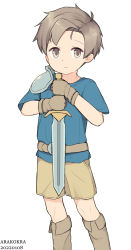 Rule 34 | 1boy, arakokra, armor, blue shirt, boots, brown eyes, brown gloves, brown hair, child, commentary, gloves, highres, holding, holding sword, holding weapon, looking at viewer, male focus, original, shirt, short sleeves, shorts, shoulder armor, sword, weapon, white background