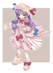 Rule 34 | 1girl, ankle boots, bad id, bad pixiv id, blue bow, boots, bow, crescent, crescent moon, dadami, dress, female focus, full body, hair bow, hat, long hair, long sleeves, looking at viewer, moon, multi-tied hair, no nose, patchouli knowledge, pink dress, purple eyes, purple hair, red bow, shoes, solo, standing, touhou, very long hair