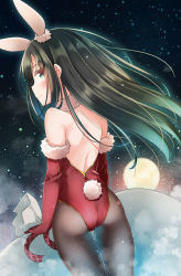 Rule 34 | 1girl, alternate costume, animal ears, asashio (kancolle), ass, bare shoulders, black hair, blush, brown pantyhose, comah, commentary request, elbow gloves, from behind, full moon, fur-trimmed gloves, fur trim, gloves, grey eyes, hair between eyes, highres, kantai collection, kemonomimi mode, leotard, long hair, looking at viewer, looking back, moon, pantyhose, profile, rabbit ears, rabbit girl, rabbit tail, red gloves, red leotard, sack, solo, strapless, strapless leotard, tail, thigh gap, very long hair