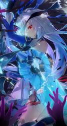 Rule 34 | 1girl, absurdres, bare shoulders, black blindfold, black gloves, blindfold, blue dress, blue sleeves, breasts, chinese clothes, closed mouth, cowboy shot, detached sleeves, dress, empty eyes, gloves, hair between eyes, high-low skirt, high ponytail, highres, holding, holding sword, holding weapon, honkai: star rail, honkai (series), jingliu (honkai: star rail), kamatoyu, long hair, long sleeves, looking at viewer, medium breasts, red eyes, solo, sword, weapon, white hair
