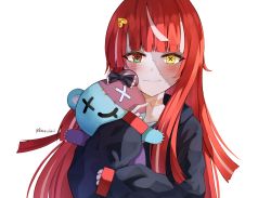 Rule 34 | 1girl, blunt bangs, blush, closed mouth, colored skin, diamond-shaped pupils, diamond (shape), hugging doll, fiyaa (pakkoshii), gradient eyes, green eyes, grey skin, hair down, heterochromia, highres, hololive, hololive indonesia, hood, hooded jacket, jacket, kureiji ollie, long hair, looking at viewer, mismatched pupils, multicolored eyes, multicolored hair, multicolored skin, hugging object, patchwork skin, red eyes, red hair, smile, solo, stitched face, stitches, straight hair, stuffed animal, stuffed toy, symbol-shaped pupils, teddy bear, two-tone skin, udin (kureiji ollie), virtual youtuber, white hair, white skin, x-shaped pupils, yellow eyes, zombie
