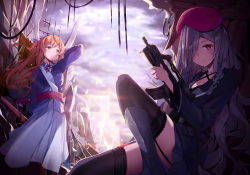 Rule 34 | arm behind back, arm behind head, belt, beret, blue jacket, blue ribbon, blush, bolt action, boots, braid, breasts, broken glass, brown footwear, brown hair, cleavage, closed mouth, cloud, collarbone, cross-laced footwear, full body, g36c (girls&#039; frontline), garter straps, girls&#039; frontline, glass, gloves, green eyes, gun, h&amp;k g36c, hair bun, hair over one eye, hat, highres, holding, holding gun, holding weapon, jacket, knee boots, lace-up boots, large breasts, leg up, long hair, long skirt, looking afar, looking at viewer, m1903 springfield, military, military uniform, own hands together, pot-palm, red eyes, ribbon, rifle, ruins, silver hair, single hair bun, sitting, skirt, smile, springfield (girls&#039; frontline), thighhighs, uniform, very long hair, walking, weapon, white gloves, white skirt