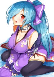 Rule 34 | .live, 1girl, :o, absurdres, blue hair, blush, bow, breasts, chausson, choker, cleavage, frills, hair bow, hair over one eye, high ponytail, highres, japanese clothes, kimono, long hair, long sleeves, looking at viewer, obi, open mouth, ponytail, purple bow, purple kimono, red eyes, sash, sitting, skindentation, sleeves past wrists, smile, solo, thighhighs, very long hair, virtual youtuber, wariza, yamato iori