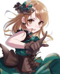 Rule 34 | 1girl, absurdres, bad id, bad twitter id, black gloves, brown eyes, earrings, gloves, highres, idolmaster, idolmaster cinderella girls, jewelry, light brown hair, looking at viewer, misumi (macaroni), morikubo nono, pointing, pointing at viewer, simple background, solo, white background