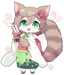 Rule 34 | 1girl, akanehanagoi, arrow (projectile), artemis (cat busters), brown hair, cat, cat busters, flower, furry, furry female, green eyes, hair flower, hair ornament, japanese clothes, long hair, open mouth, solo