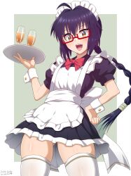 Rule 34 | 1other, ahoge, androgynous, apron, black dress, black hair, bow, bowtie, braid, braided ponytail, brown eyes, cup, dress, drinking glass, fate/samurai remnant, fate (series), glasses, guriguri (arayotto4351), highres, long hair, looking at viewer, maid headdress, open mouth, short sleeves, sidelocks, smile, solo, thighhighs, thighs, tray, white apron, white thighhighs, wrist cuffs, yamato takeru (fate)