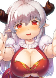 Rule 34 | 10s, 1girl, alicia (granblue fantasy), breasts, cleavage, draph, granblue fantasy, highres, horns, large breasts, long hair, looking at viewer, pointy ears, red eyes, sakimori dan, silver hair, simple background, smile, solo, white background