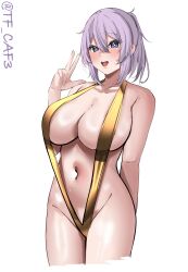 Rule 34 | 1girl, absurdres, alternate breast size, aoba (kancolle), bikini, blue eyes, blush, breasts, cowboy shot, gold bikini, gun sling, hair ornament, highres, kantai collection, large breasts, navel, open mouth, ponytail, purple hair, scrunchie, short hair, smile, swimsuit, tf cafe, twitter username, v, white background