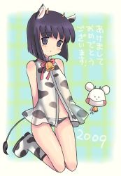 Rule 34 | 00s, 1girl, 2009, animal ears, animal print, bad id, bad pixiv id, bokurano, boots, cow ears, cow girl, cow print, cow tail, eyebrows, flat chest, horns, kneeling, koyemshi, machi youko, new year, panties, see-through, short hair, tail, teu (navy), thigh gap, thighs, translation request, underwear