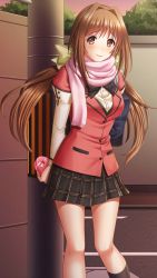 Rule 34 | 1girl, arm behind back, bag, black skirt, black socks, blush, bow, box, brown eyes, brown hair, closed mouth, day, doukyuusei another world, dress shirt, floating hair, game cg, gift, gift box, hair bow, hair intakes, heart-shaped box, holding, holding box, jacket, kakyuusei 2, kneehighs, long hair, long sleeves, looking at viewer, miniskirt, official art, outdoors, pink scarf, plaid, plaid skirt, pleated skirt, red jacket, road, saimon tamaki, scarf, school bag, school uniform, shirt, skirt, smile, socks, solo, standing, street, twintails, valentine, very long hair, yellow bow