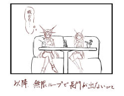 Rule 34 | 10s, 2girls, comic, couch, crossed arms, crossed legs, cup, closed eyes, glasses, hands on own cheeks, hands on own face, headgear, kantai collection, kneehighs, long hair, looking up, michimoyo, monochrome, multiple girls, mutsu (kancolle), nagato (kancolle), phone, pleated skirt, short hair, sitting, sketch, skirt, sleeveless, socks, table, teacup, yunomi