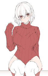 Rule 34 | 1girl, bob cut, breasts, copyright request, e sky rugo, hand up, heattech leotard, highres, large breasts, leotard, long sleeves, looking at viewer, medium hair, red eyes, red leotard, red sweater, ribbed leotard, simple background, sitting, sleeves past wrists, solo, sweater, thighhighs, turtleneck, white background, white hair, white thighhighs