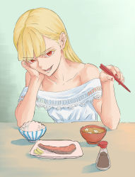 Rule 34 | 1girl, bare shoulders, blunt bangs, blush, bottle, bowl, breasts, chopsticks, collarbone, commentary request, dress, fangs, food, hair behind ear, head rest, head tilt, highres, holding, holding chopsticks, long hair, miso soup, nail polish, off-shoulder dress, off shoulder, open mouth, original, red eyes, red nails, red pupils, rice bowl, salmon, small breasts, solo, soy sauce, table, teeth, tofu, upper body, white dress, yostel