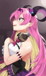 Rule 34 | 1girl, asymmetrical horns, bare shoulders, blonde hair, blush, breasts, chest harness, demon horns, fang, green eyes, hair between eyes, hair ornament, hand up, harness, headphones, headphones around neck, highres, hololive, horns, long hair, looking afar, mano aloe, multicolored hair, music, open mouth, pink hair, pointy ears, singing, smile, toto (kuro toto), two-tone hair, uneven horns, virtual youtuber