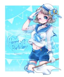Rule 34 | 1girl, ;), bad id, bad pixiv id, blue ribbon, blue shorts, blush, bow, character name, dated, earrings, flag, frilled gloves, frilled skirt, frills, gem, gloves, grey hair, hair bow, hair ornament, hairpin, happy birthday, hat, hat ribbon, highres, holding, holding flag, jewelry, leg ribbon, looking at viewer, love live!, love live! school idol festival, love live! sunshine!!, navel, neck ribbon, neckerchief, one eye closed, ribbon, salute, school uniform, see-through, see-through sleeves, serafuku, shorts, skirt, smile, solo, sparkle, string of flags, transparent sleeves, watanabe you, white flag, white gloves, wosusi, yellow bow
