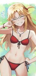 Rule 34 | 1girl, bikini, blonde hair, bracelet, breasts, closed eyes, collarbone, contrapposto, fate (series), glasses, gluteal fold, grin, hand on own hip, head tilt, highres, jewelry, long hair, mordred (fate), mordred (fate) (all), mordred (swimsuit rider) (fate), navel, necklace, red scrunchie, scrunchie, side-tie bikini bottom, side ponytail, small breasts, smile, solo, swimsuit, tonee