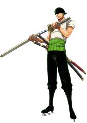 Rule 34 | 1boy, absurdres, earrings, full body, green hair, highres, holding, holding sword, holding weapon, ice skates, jewelry, katana, looking at viewer, official art, one piece, pirate, roronoa zoro, shaded face, short hair, simple background, skates, smile, solo, standing, sword, toei animation, weapon, white background
