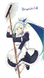 Rule 34 | 1girl, alternate costume, bad id, bad twitter id, blue hair, brynhildr (fate), enmaided, fate/grand order, fate/prototype, fate/prototype: fragments of blue and silver, fate (series), highres, long hair, looking at viewer, maid, mop, nakahara (mu tation), ponytail, purple eyes, simple background, smile, solo, thighhighs, white background, white thighhighs