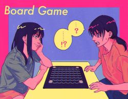 Rule 34 | !?, 2girls, black hair, board game, chainsaw man, drgryu750, green shirt, hand rest, highres, long hair, looking at another, mitaka asa, multiple girls, open mouth, orange shirt, reversi, ringed eyes, scar, scar on face, shirt, sweat, table, tabletop game, twintails, yellow eyes, yoru (chainsaw man)
