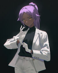 Rule 34 | 1girl, absurdres, alternate costume, artist name, belt, black background, black shirt, bleach, closed mouth, commentary, dark-skinned female, dark skin, gloves, highres, izei1337, jacket, long hair, looking at viewer, open clothes, open jacket, pants, parted bangs, purple hair, putting on gloves, shihouin yoruichi, shirt, shirt tucked in, solo, suit jacket, turtleneck, turtleneck shirt, white belt, white gloves, white jacket, white pants, yellow eyes