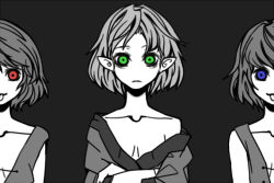 Rule 34 | 3girls, bags under eyes, bare shoulders, blue eyes, collarbone, crossed arms, female focus, frown, green eyes, greyscale, heterochromia, japanese clothes, mizuhashi parsee, monochrome, multiple girls, no bra, off shoulder, pointy ears, red eyes, smile, spot color, tatara kogasa, tongue, tongue out, touhou, uewtsol
