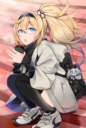 Rule 34 | 1girl, backpack, bag, blonde hair, blue eyes, cafe, coat, commentary request, cup, escort water princess, gambier bay (kancolle), hair between eyes, hair ornament, hairband, highres, kantai collection, looking at viewer, open mouth, own hands together, ponytail, scarf, shoes, sitting, sneakers, solo, stairs, thighhighs, winter, yuna (yukiyuna), zettai ryouiki