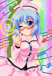 Rule 34 | 1girl, ;), beamed quavers, bespectacled, blue eyes, blue hair, blush, buttons, eyebrows, female focus, glasses, hat, ikue fuuji, index finger raised, long sleeves, matching hair/eyes, merlin prismriver, musical note, one eye closed, pink hat, pink shirt, pink skirt, quaver, red-framed eyewear, shirt, short hair, skirt, smile, solo, sparkle, spiral, staff (music), taut clothes, taut shirt, touhou, treble clef, wavy hair, wink
