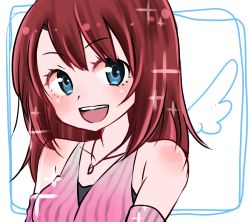 Rule 34 | 1girl, :d, bare shoulders, blue eyes, collarbone, eyelashes, hair between eyes, jewelry, kairi (kingdom hearts), kingdom hearts, kingdom hearts ii, looking at viewer, miki masao, necklace, open mouth, red hair, smile, solo, sparkle, teeth, upper body