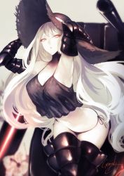 Rule 34 | 10s, 1girl, abyssal ship, aircraft carrier summer princess, armpits, artist name, bikini, black bikini, black gloves, black hat, black panties, black thighhighs, breasts, cannon, elbow gloves, genyaky, gloves, grey background, hand on headwear, hat, kantai collection, large breasts, long hair, looking at viewer, pale skin, panties, parted lips, ponytail, red eyes, side-tie bottom, side ponytail, simple background, solo, sun hat, swimsuit, thighhighs, turret, underwear, white hair