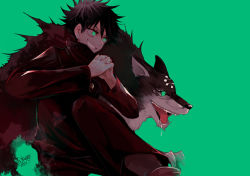 Rule 34 | 1boy, animal, basara masa, black hair, black jacket, black pants, claws, drooling, familiar, feet out of frame, fushiguro megumi, gakuran, green background, green eyes, grin, hair between eyes, hands up, has bad revision, high collar, jacket, jujutsu kaisen, leg up, long sleeves, looking away, male focus, md5 mismatch, open mouth, own hands clasped, own hands together, pants, resolution mismatch, school uniform, signature, simple background, smile, solo, source smaller, spiked hair, wolf
