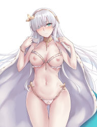Rule 34 | 1girl, anastasia (fate), aqua eyes, bangle, bare arms, bare shoulders, bra, bracelet, breastless clothes, breasts, cape, cleavage, collarbone, crotchless, crotchless panties, fate/grand order, fate (series), frilled bra, frills, gluteal fold, groin, hair ornament, hair over one eye, hairband, head tilt, highres, jewelry, leaf hair ornament, long hair, medium breasts, navel, neck ring, nipples, panties, pussy, silver hair, simple background, solo, stomach, thigh gap, thighs, tsurime, underwear, very long hair, white background, white bra, white cape, white panties, yellow hairband, yuemanhuaikong