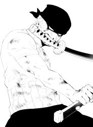 Rule 34 | 1boy, bandana, blood, blood on face, bruise, dual wielding, feet out of frame, fighting stance, green hair, greyscale, highres, holding, injury, looking at viewer, male focus, monochrome, mouth hold, one piece, roronoa zoro, scar, scar across eye, short hair, solo, toned, toned male, udon oneday