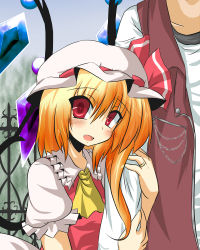 Rule 34 | 1boy, 1girl, arm grab, ascot, blonde hair, blush, crystal, fang, flandre scarlet, goma (gomasamune), hat, hat ribbon, hetero, jewelry, open mouth, puffy sleeves, red eyes, ribbon, ring, short hair, short sleeves, side ponytail, touhou, wings