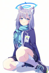 Rule 34 | 1girl, animal ear fluff, animal ears, aqua scarf, blue archive, blue eyes, blue jacket, grey hair, hair ornament, halo, id card, jacket, kneehighs, long sleeves, looking at viewer, marudeningen, mismatched pupils, plaid, plaid skirt, pleated skirt, scarf, shadow, shiroko (blue archive), shoes, simple background, sitting, skirt, sneakers, socks, solo, white background, white socks, x hair ornament
