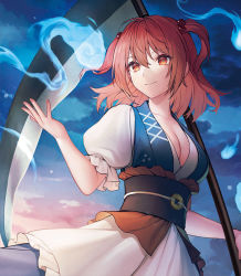 Rule 34 | 1girl, bad id, bad pixiv id, breasts, cleavage, cloud, coin, collarbone, cowboy shot, hair between eyes, hair bobbles, hair ornament, hitodama, holding, holding scythe, large breasts, looking to the side, medium breasts, obi, onozuka komachi, outdoors, puffy short sleeves, puffy sleeves, red eyes, red hair, sash, scythe, shiba 0, short sleeves, sky, smile, solo, touhou, twilight, two side up