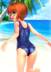 Rule 34 | 1990s (style), 1girl, ahoge, ass, bare shoulders, barefoot, beach, brown hair, cardcaptor sakura, from behind, green eyes, highres, kinomoto sakura, looking back, messy hair, mutsuki (moonknives), one-piece swimsuit, open mouth, outdoors, palm tree, retro artstyle, school swimsuit, shiny clothes, short hair, solo, swimsuit, tree, water